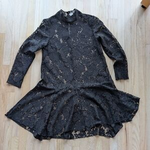 H&M Black Lace Skater Drop Waist Long Sleeve See Through Dress (Size Small)